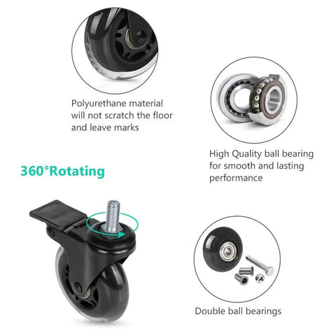 Threaded Stem Casters Three Eighths Inch 16UNC With Brake, Heavy Duty Three Inch Swivel Caster, Set Of 4, showing polyurethane wheel and ball bearings