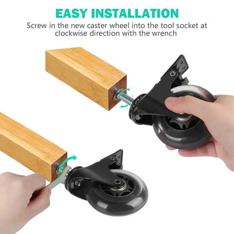 Installation of Threaded Stem Casters Set of 4, Heavy Duty 3 Inch Swivel Casters with Brake and Lock Nuts on wood surface.