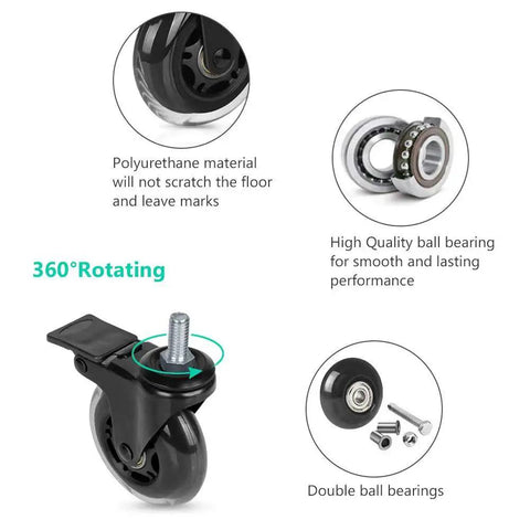 Close-up of Threaded Stem Casters Set of 4, Heavy Duty 3 Inch Swivel Casters With Brake, featuring 360° rotation and ball bearings.
