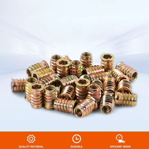 Pile of Three Eighths Inch Threaded Wood Inserts For Furniture Nutserts With Hex Drive Sixteen Threads Per Inch Twenty Five Millimeter Length Heavy Duty Zinc Plated Carbon Steel Easy Install Pack Of Fifteen