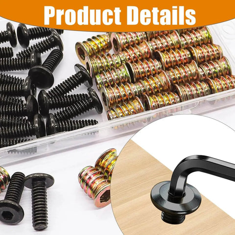 30 Sets 1/4-20 Threaded Wood Inserts for Furniture Screws in plastic packaging with hex socket drive detail view