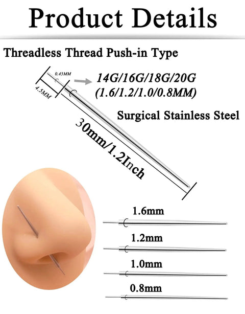 Threadless thread push-in type nose piercing with 14G/16G/18G/20G taper set, surgical stainless steel, product details display