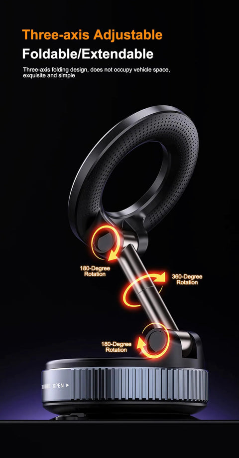 360° vacuum-suction car phone mount by Amazon, black universal holder with foldable/extendable arm and 360° rotation