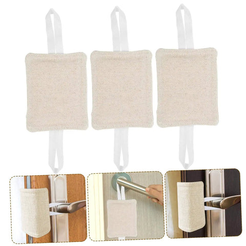 Three door slam stoppers provide quiet, damage-free openings with tool-free installation shown in beige with hanging loops