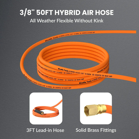 Close-up of Retractable Three Eighth Inch By Fifty Foot Air Hose Reel With Auto Rewind Hybrid Hose 300 PSI Max with brass fittings