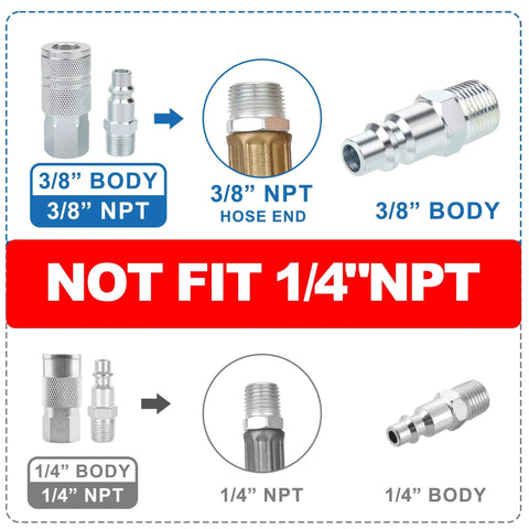 High Flow Three Eighths Inch Air Fittings Kit With Quick Connects Beefy Industrial Couplers And Plugs FNPT And MNPT Threads Ten Piece Set For Air Compressors And Tools For Home Garage And Shop Or Workshop Use. Various 3/8 inch and 1/4 inch fitting sizes comparison chart.