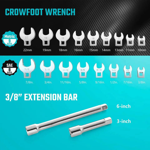 Three Eighths Inch Drive Crowfoot Wrench Set With Two Extension Bars SAE And Metric Nineteen-Piece CR-V Steel Size Chart