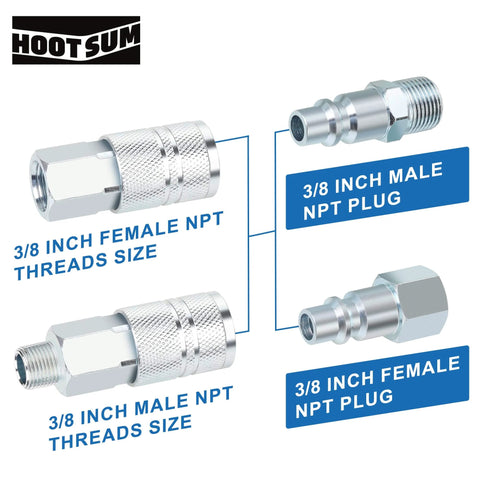 High Flow Three Eighths Inch Air Fittings Kit With Quick Connects Beefy Industrial Couplers And Plugs FNPT And MNPT Threads Ten Piece Set For Air Compressors And Tools For Home Garage And Shop Or Workshop Use showing 3/8 inch female and male NPT plugs.