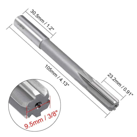 Three Eighths Inch HSS Chucking Reamer With Six Straight Flutes And Round Shank Milling Cutting Tool For Precision Reaming In Stainless Steel Holes On Lathe Machines With H7 Tolerance, 105mm Total Length, 23.2mm Flute Length, side view