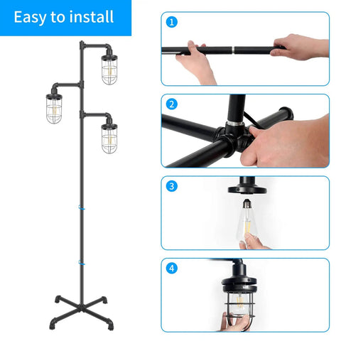 Assembly steps for Three Head Steampunk Floor Lamp With Birdcage Shade Dope Industrial Rustic Edison Bulb Black Finish And Adjustable Cross Stand