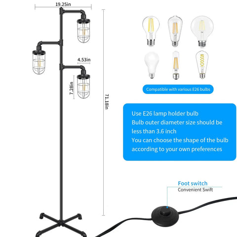 Three Head Steampunk Floor Lamp With Birdcage Shade Dope Industrial Rustic Edison Bulb Black Finish And Adjustable Cross Stand