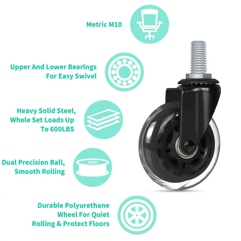 Metric M10 heavy-duty caster showing Three Inch Stem Casters Set Of Four With M10 By Twenty Millimeter Metric Threaded Stem Heavy Duty Wheels For Furniture Swivel Castors With Nylon Lock Nuts Quiet Smooth Rolling Up To 500 Lbs Capacity