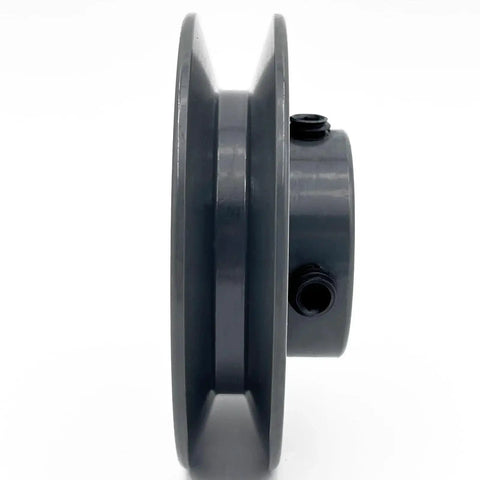 Side view of V Belt Pulley Three Inch Outer Diameter With Five Eighths Inch Bore Cast Iron Motor Pulley, one groove, durable material.