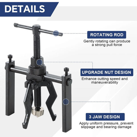 Three Jaw Inner Bearing Puller Set with rotating rod and upgrade nut design in black oxide finish.