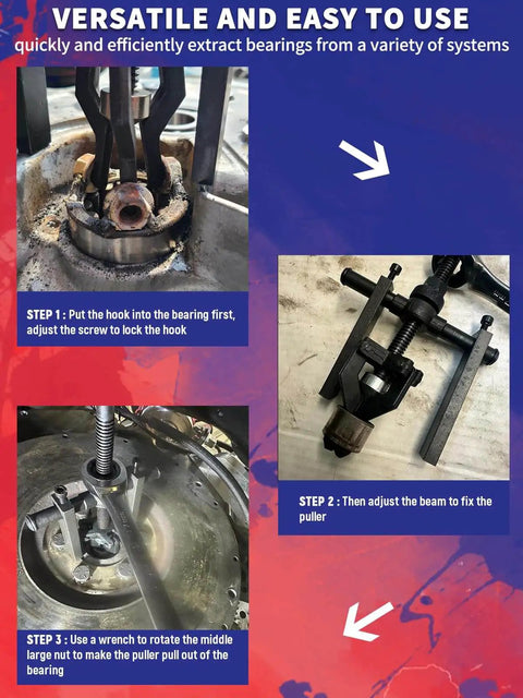 Three Jaw Inner Pilot Bearing Puller For Car SUV Motorcycle Bearing Removal Tool Universal Fit For Sleeve Type Bearings From 0.7 To 1.5 Inches in use, showing steps for bearing extraction.