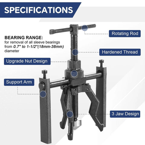 Three Jaw Inner Bearing Puller Set with specifications including rotating rod, support arm, and adjustable 3 jaw design for 18-38 mm bearings.