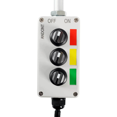 Three Level LED Andon Tower Light With Buzzer For The Shop Floor Red Yellow Green Status Signals On Off Flash Control ABB Selector Switch And Mean Well Power Adapter Six Foot Plug And Play