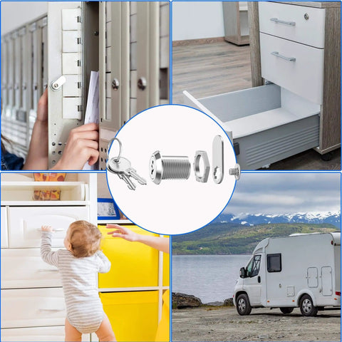 Three-pack keyed-alike cabinet cam locks in 5/8 inch deliver secure, convenient access for cabinets, RV compartments, files and drawers, mailboxes and tool boxes, featuring thickened zinc alloy cylinders, six shared keys, and two lock plate options. Close-up of cam lock components with keys, surrounded by drawer, mailbox, and RV images