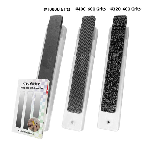 Three piece precision glass polishing file set with grit progression from #320-400, #400-600, to #10000 for smooth finishes.