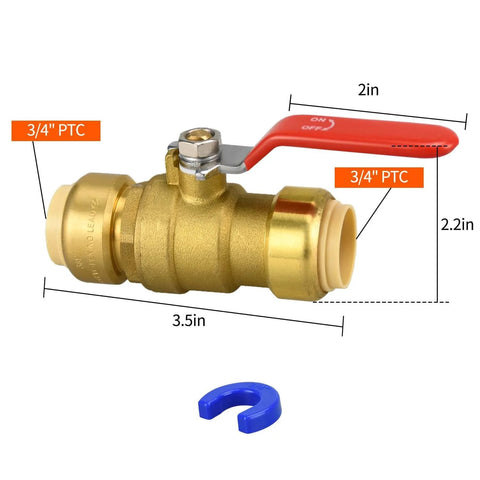 Two Pack Three Quarters Inch Push Fit Ball Valve With Disconnect Clip Full Port Push To Connect Water Shut Off Valve shown with dimensions.