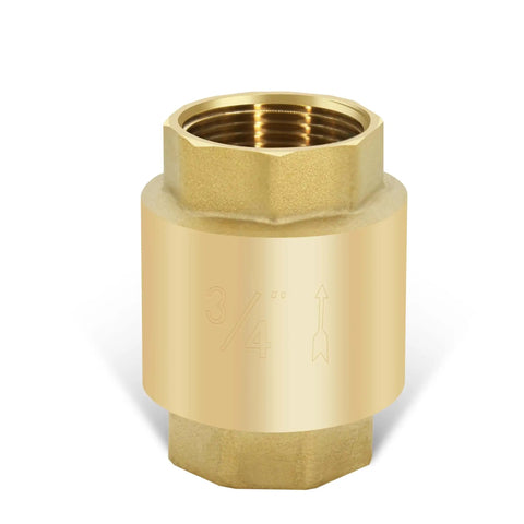 3/4 Inch NPT Brass Vertical Check Valve With Inline Spring Lead Free One Way Backflow Preventer, brass body viewed from front