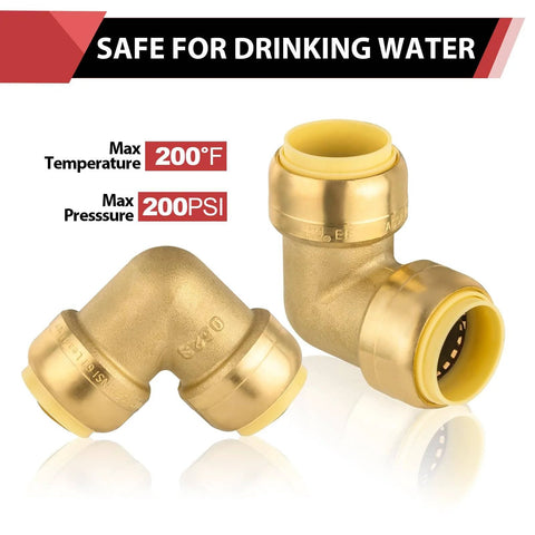 Pack Of Two Go-To Three Quarter Inch 90 Degree Push Fit Brass Elbow Fittings For Copper PEX CPVC And PE-RT Pipes