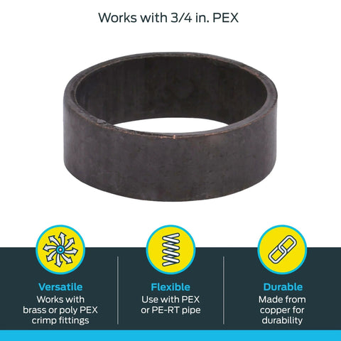 Image of a single SharkBite Three Quarter Inch Copper Crimp Ring, shown in front view, designed for PEX and PERT pipe connections.
