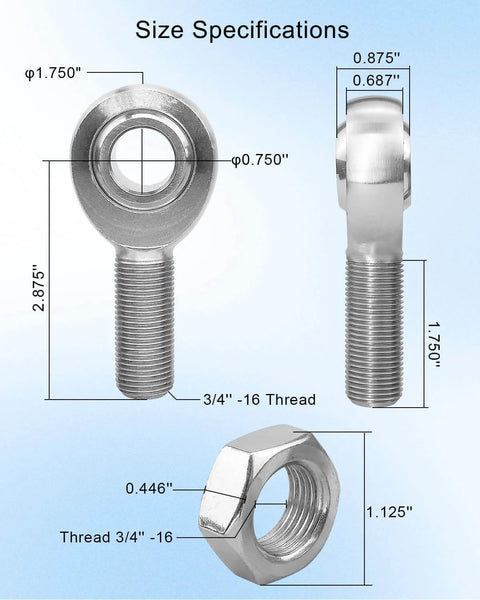 Size specifications of 3/4 inch Heim joint rod end kit with jam nuts, left and right hand thread, heat treated, hard chrome plated.