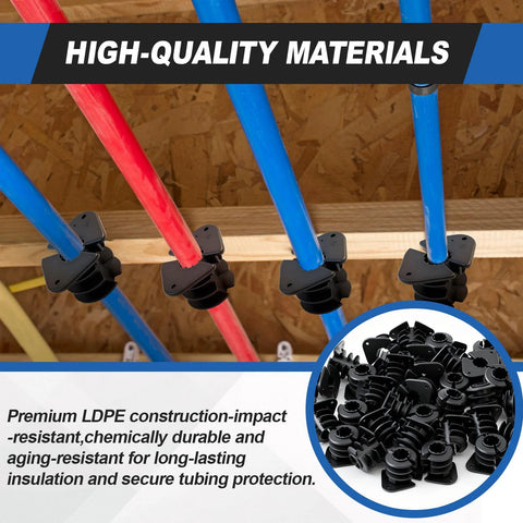 Briwooody 50-pack 3/4 inch thru-stud pipe isolation clamps on PEX and copper pipes; sturdy plastic supports.