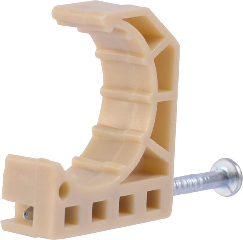 HoldRite 3/4 inch half S-nail clamp for PEX/Cu/CPVC pipes, beige plastic with metal screw