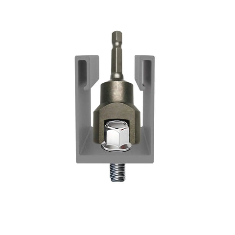 Front view of a three quarter inch strut channel socket for one quarter inch drive, compatible with all one and five eighths inch wide strut channels.