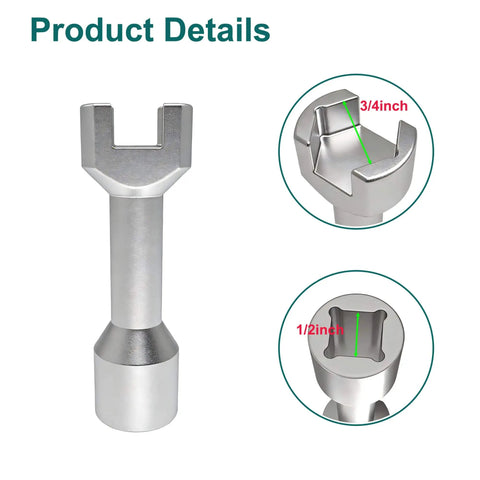 Three Quarter Inch Strut Socket With One Half Inch Drive For One And Five Eighths Inch Wide Strut Channels Forged Heat Treated Alloy Steel Suspension Socket Tool Silvery, detailed view with measurements