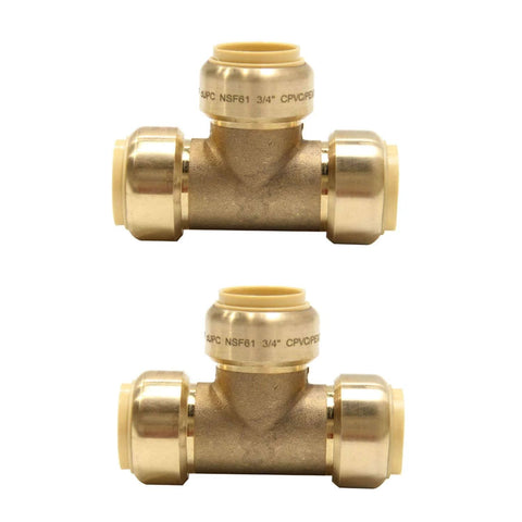 3/4 Inch Tee Push-Fit Fitting For Pex, Copper, And CPVC Pipes With Disconnect Clip Lead-Free DZR Brass Easy Installation Pack Of 2