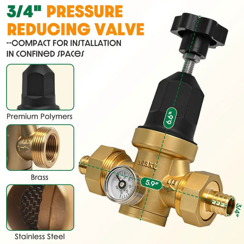 Upgraded Three Quarter Inch Water Pressure Regulator With FNPT Double Union Polymer Body Visual Pressure Gauge And Adjustable Ten To Seventy PSI
