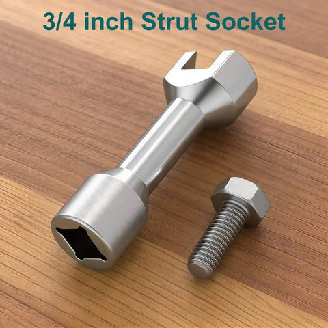 Three Quarter Inch Strut Socket With One Half Inch Drive For One And Five Eighths Inch Wide Strut Channels Forged Heat Treated Alloy Steel Suspension Socket Tool Silvery on wood surface with bolt