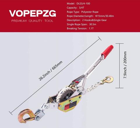 Three Quarter Ton Rope Puller Come Along Winch With 100 Ft Rope showing measurements and features for tree felling and hauling boats