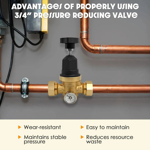 Installed Upgraded Three Quarter Inch Water Pressure Regulator With FNPT Double Union Polymer Body Visual Pressure Gauge