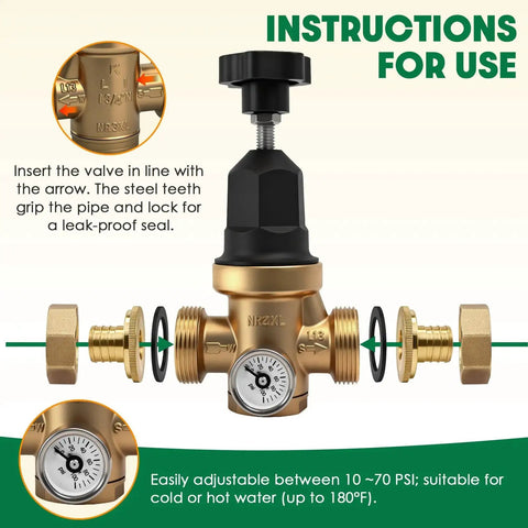 Upgraded Three Quarter Inch Water Pressure Regulator With FNPT Double Union Polymer Body Visual Pressure Gauge And Adjustable Ten To Seventy PSI shown with installation instructions