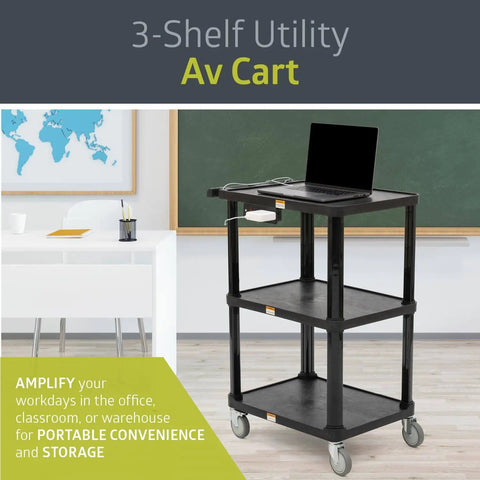 Mobile Utility Cart With Three Shelves And Three Outlets And Eight Foot Cord For Office And Warehouse Use Heavy Duty Workhorse Service Cart With Four Swivel Wheels And Push Handle Black Finish By Pearington