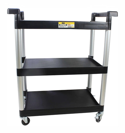 Three Shelf Utility Cart On Wheels For Garage Workshop Office And Home Use 225 Lbs Capacity Durable Polypropylene Shelves Easy To Clean And Rust Resistant Black By MaxWorks