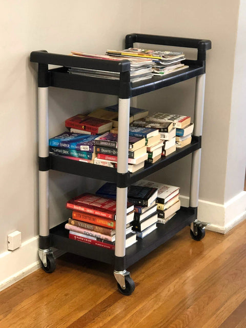 Three Shelf Utility Cart On Wheels For Garage Workshop Office And Home Use 225 Lbs Capacity Durable Polypropylene Shelves