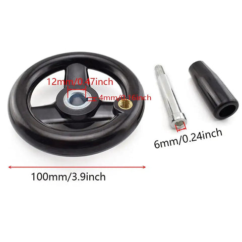 Three Spoke Round Hand Wheel With Detachable Hand Crank And Handle, 3.94 Inch Diameter, showing 100mm wheel, 12mm bore, 4mm keyslot.