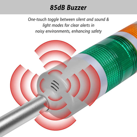 Close-up of Three-Stack LED Andon Tower Light With Red Amber Green LEDs For Clear Status, Plug And Play Ready, 85 dB Buzzer