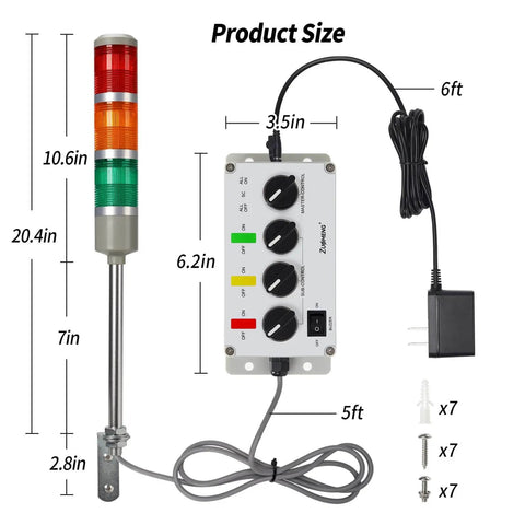 Three-Stack LED Andon Tower Light With Red Amber Green LEDs For Clear Status, Plug And Play Ready, 6 Foot Power Cord, IP65 Weather Resistant, 85 dB Buzzer, Easy Installation For Factory Automation And Safety Alarms Zuomeng with dimensions and power cord visible.