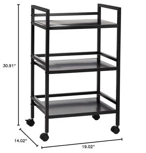 Three Tier Metal Rolling Utility Cart With Open Shelves For Quick Access And Grab And Go Mobility Ideal For Kitchen Bathroom And Workshop Durable Metal Construction In Black From Amazon Basics, with measurements shown.