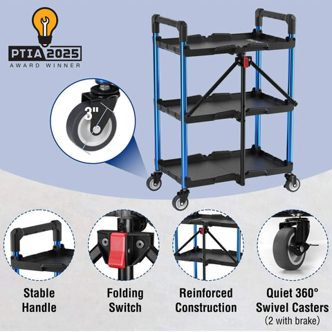 Three Tier Collapsible Service Cart With Wheels For Garage Warehouse Home And Office Foldable Utility Cart Holds Up To 210 Lbs No Assembly Required Portable Durable Easy Out Of The Box WORKPRO, showing stable handle and folding switch