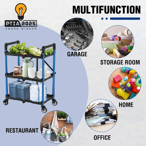 Three Tier Collapsible Service Cart With Wheels For Garage Warehouse Home And Office Foldable Utility Cart Holds Up To 210 Lbs No Assembly Required Portable Durable Easy Out Of The Box WORKPRO in use for various settings with dishes, tools, and office supplies.