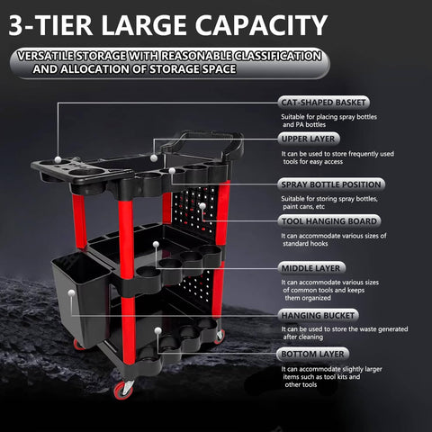 Auto Detailing Cart On Wheels Three Tier Rolling Detail Organizer With Long Hanging Plate And Hooks And Hanging Bucket And Cat Ear Basket