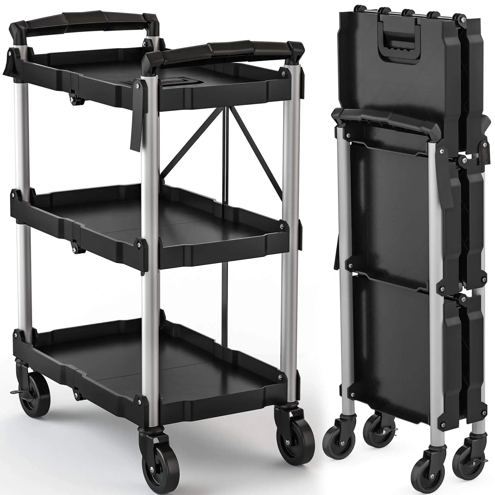 Heavy Duty Folding Utility Cart With 3 Tier Shelves DW...