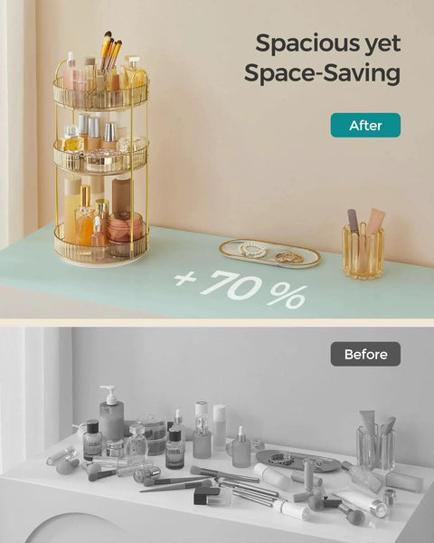 Three Tier Round Rotating Makeup And Skincare Organizer For Countertop Vanity In Champagne Gold with products compared before and after